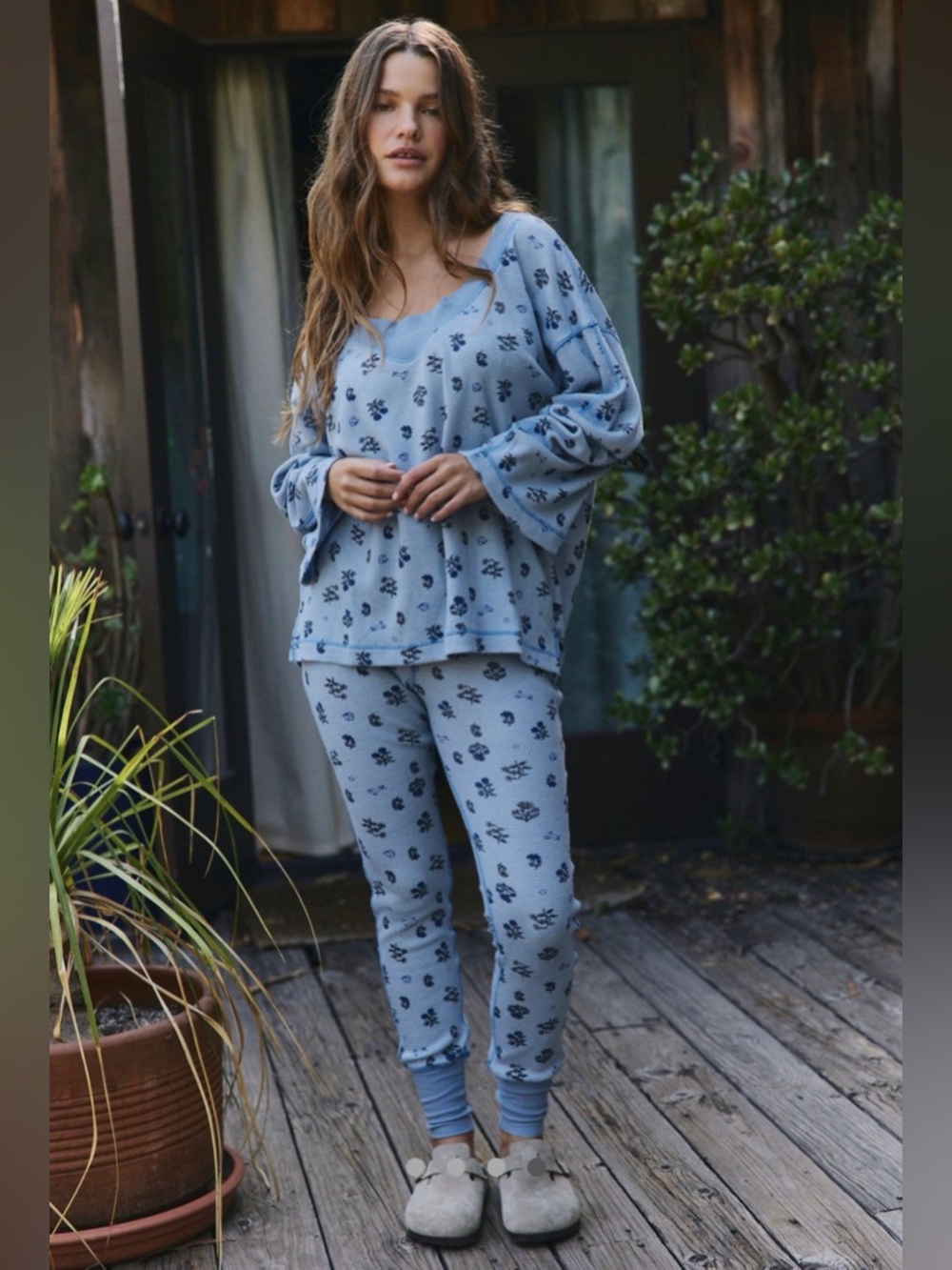 Free People Cozy Blue Floral Thermal Lounge SET TOP & bottom Women XS